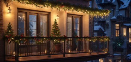 Fototapeta premium Festive Christmas balcony decorated with garland, fairy lights, and fir branches, Christmas, fir , outdoor decor