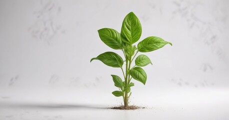 Single stem of basil on white background with a few leaves emerging from the base , herb, basil
