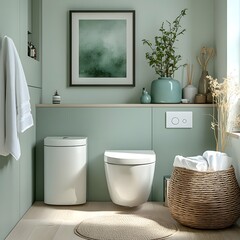 Modern Minimalist Bathroom with Wall Mounted Toilet, Greenery, and Natural Light. A Serene Space Featuring a Floating Toilet, Wicker Basket, and Contemporary Decor in Soft Green Tones.