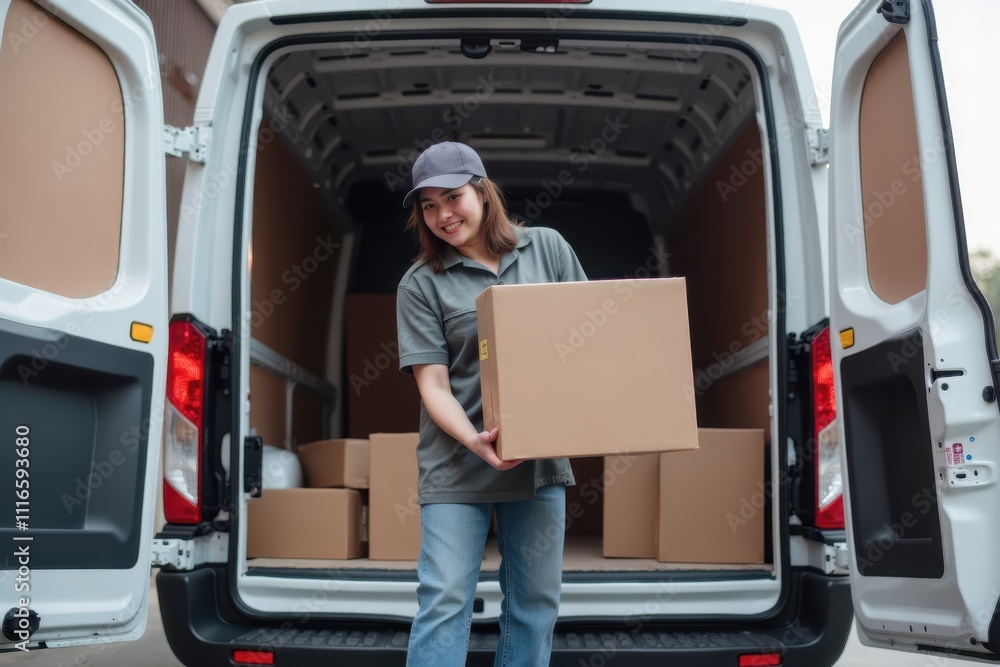 Aufkleber delivery person handling a cardboard box while loading items in a van with open back doors, showcasi