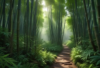 Obraz premium dense bamboo forest with a narrow path leading into the undergrowth, undergrowth, bamboo forest