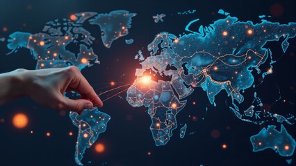 Exploring global connections through a digital map at night with glowing highlights