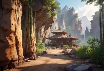 Fototapeta premium Valley geysers with geologist formations and unique rock structures in the background of the bamboo hut, wilderness exploration, outdoor adventure, natural wonder