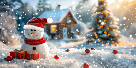 Fototapeta premium Funny snowman in Santa Claus hat and red scarf with gift boxes against on blurred background of decorated Christmas tree with garland and wooden village house, holiday greeting card with copy space.
