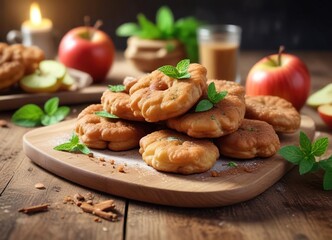 Fototapeta premium Wooden Table with Fresh Apple Fritters and Mint Cinnamon Dust , dessert, crunchy