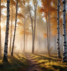 Obraz premium Morning light filters through fog in a dense birch grove, light, shadowy trees