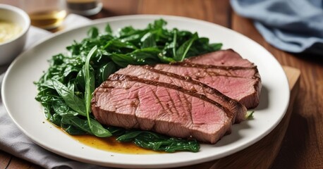 Pan-seared beef steak with garlic butter and saut?ed spinach , saut?ed spinach, gourmet meal, pan seared