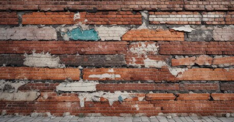 Obraz premium Uneven brick wall with peeling paint and worn mortar, cracked joints, uneven brickwork, architectural feature