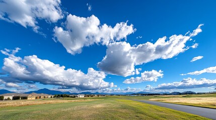 Obraz premium Serene Landscape with Lush Greenery and Dramatic Clouds - A breathtaking view of an open landscape featuring rolling green fields, a winding path, and beautifully textured clouds beneath a vast blue s