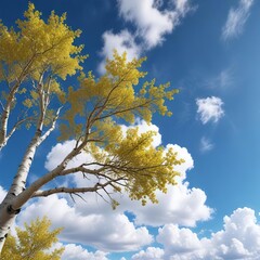 Fototapeta premium aspen tree against a bright blue sky with fluffy white clouds , aspen, sky