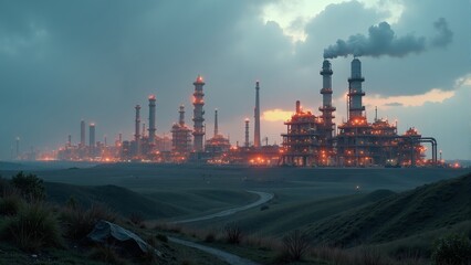 Fototapeta premium Industrial skyline at dusk showcasing smoke-filled chimneys and glowing lights