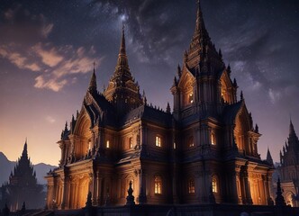 Grandiose temple complex with towering spires and intricate carvings under a starry night sky , temple complex, majestic
