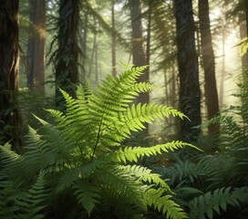 Majestic fern fronds in a sunny forest environment with dappled light filtering through, leaves, dappled light