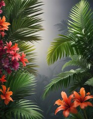 Palm leaves with exotic flowers in the foreground, greenery, flowers, plants