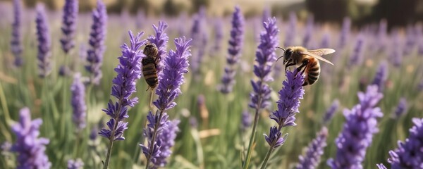 A bee collects nectar from a lavender flower in a field, bees gathering nectar, insects collecting nectar, floral photography