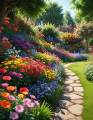 Beautiful garden with a variety of colorful flowers, plant life, garden, outdoor space