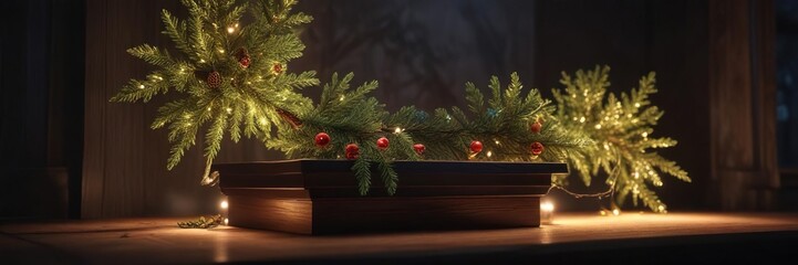 Twinkling light under podium with conifer branches, ambiance, light, glow