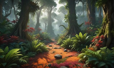 Rainforest landscape featuring a carpet of Balanophora fungosa plants, tropical climate, damp soil, ground cover