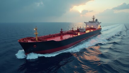 Massive tanker gliding through tranquil waters at sunset near coastal horizon