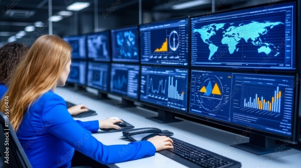 Poster data center professionals: two female professionals work diligently in a modern data center, monitor