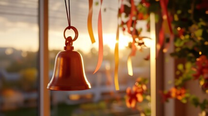 Obraz premium victory bell ceremony, a peaceful image of a cancer survivor ringing a bell in a hospital room, marking the end of their treatment journey, with ribbons in the background