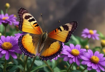 Naklejka premium A delicate butterfly perched on a vibrant purple flower with yellow center, spring, butterfly, floral