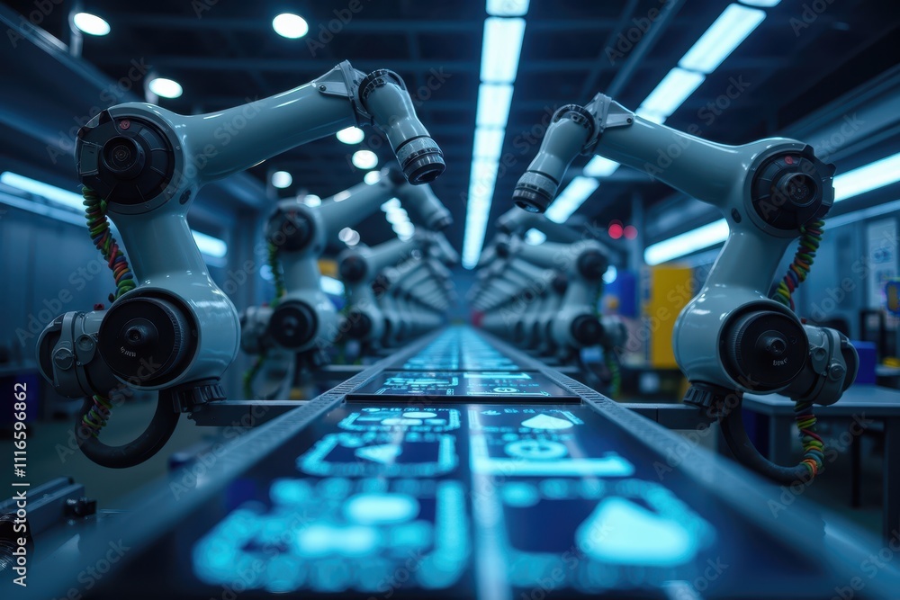 Poster advanced robotics in modern production environment showcasing automated arms working seamlessly on h