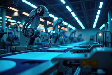 Advanced Robotics in Modern Industrial Production Facility with Automated Machinery and High-Tech Equipment Under Blue Lighting