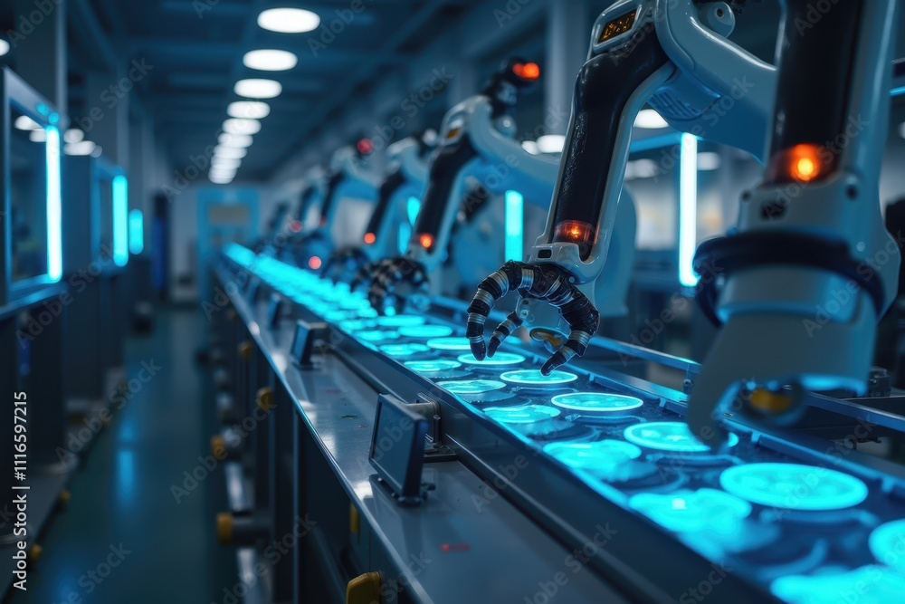 Poster advanced robotic automation in modern production facility showcasing high-tech machinery and efficie