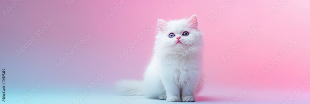 Poster Wide 3D view of a Persian white cat centered on a soft gradient background