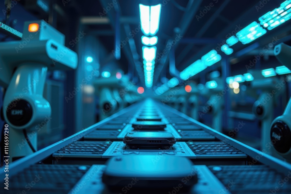 Poster futuristic production line with robots and technology, showcasing an advanced manufacturing process 