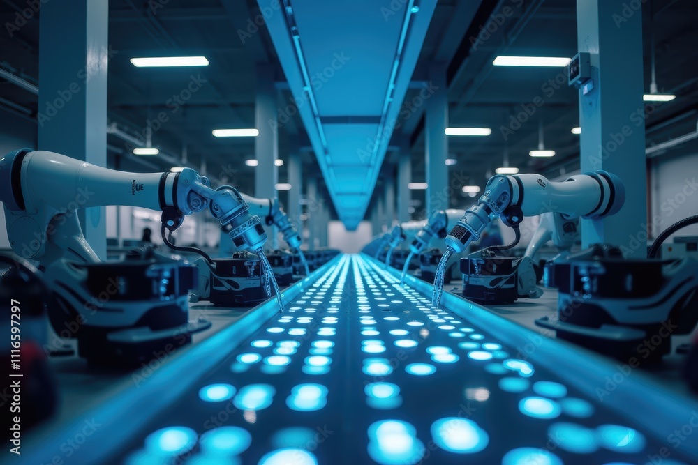 Poster innovative automation technology in modern production facility featuring advanced robotics on a futu