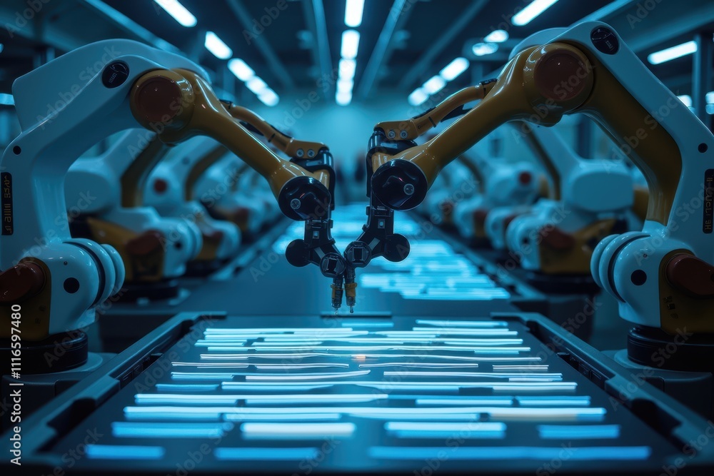 Poster advanced robotic arms in high-tech production facility demonstrating precision and efficiency in mod