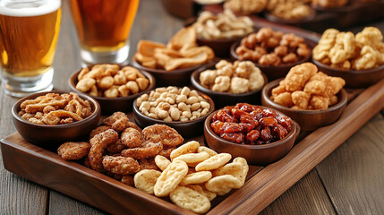 wide panoramic side view food banner photo with beer snacks and chips on a table 
