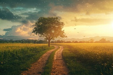 Obraz premium Rural Landscape Featuring Dusty Road and Majestic Rain Tree Under a Stunning Sunset Sky, Perfect for Nature Backgrounds