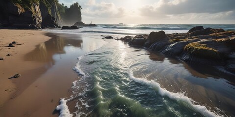Seawater pouring out of a tidal inlet during low tide, coastline, ocean