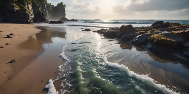 Seawater pouring out of a tidal inlet during low tide, coastline, ocean