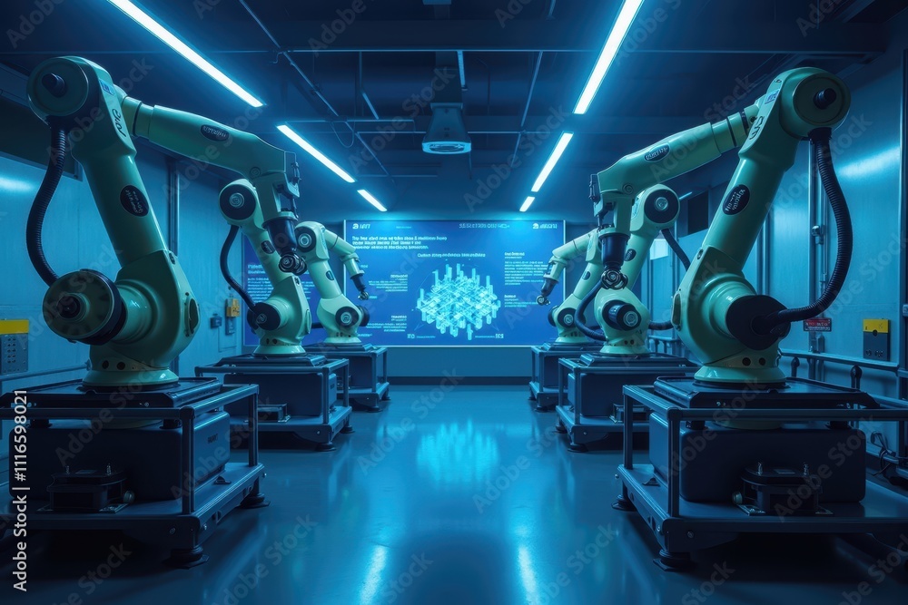 Poster advanced robotic arms in a modern factory setting with futuristic lighting and display panels showca