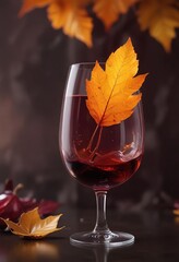 A golden orange leaf floats on a rich burgundy wine glass , liquid, wine