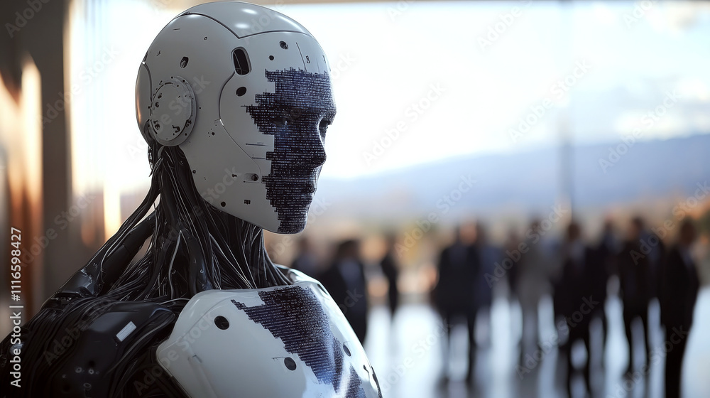 Poster a humanoid robot with digital facial patterns stands in a modern setting with blurred people in the 