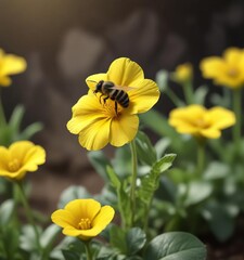A single bee is landing on a small yellow pansy flower , insects, field