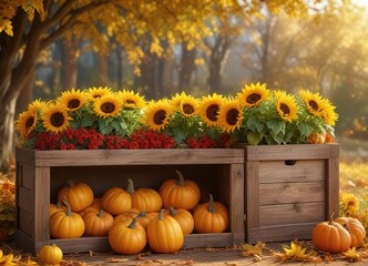 A vibrant arrangement of sunflowers and pumpkins in wooden boxes against a backdrop of golden autumn foliage, still life photography, wooden boxes