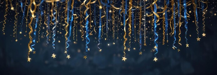 Blue and gold streamers hanging from the ceiling above a blue background with twinkling stars, festive, blue, streamers