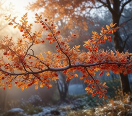 Sunny Morning Frost Covering Tree Branches with Autumn Leaves and Rose Hips, autumn leaves, snowflakes, natural scenery