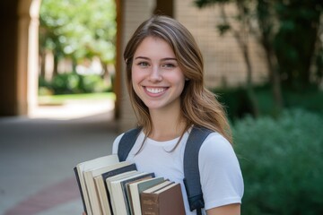 Fototapeta premium Joyful Female Scholar Enjoying Books on Campus in Casual Attire