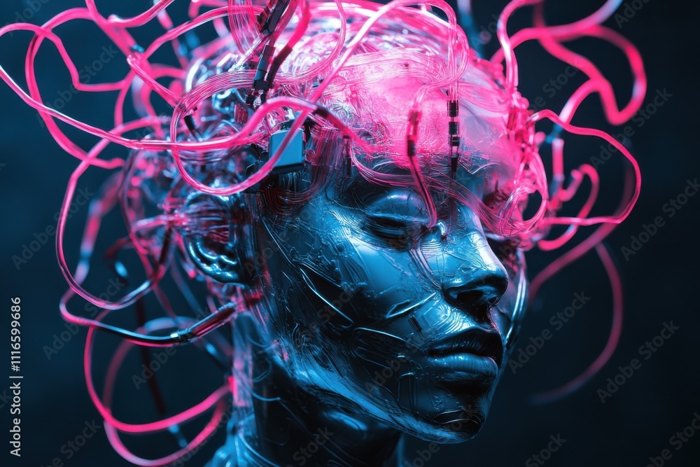 Poster An AI humanoid with neon pink wires and cables creating intricate patterns on its head. The background is dark blue, highlighting the object's cybernetic texture and light reflections.