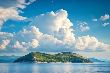 Dreamlike landscape with hilly island against fluffy clouds