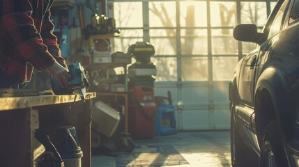 Man using power tool in sunlit garage workshop.