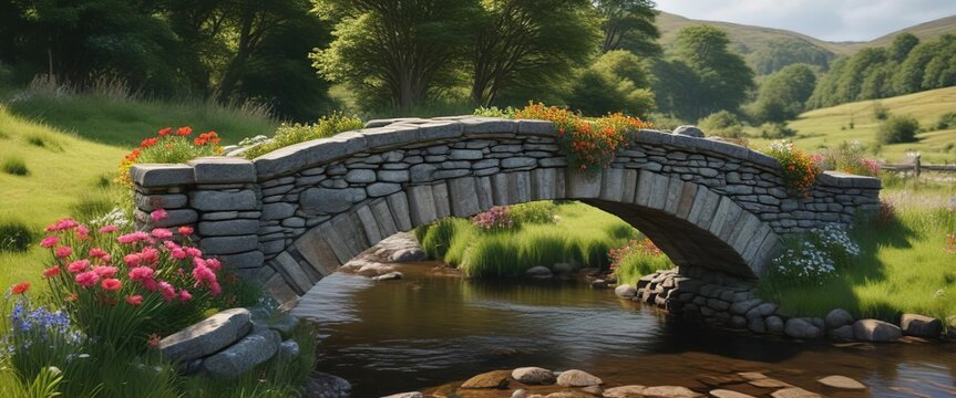 Floral wreath surrounding a stone bridge in the Scottish countryside, tranquil, landscape, ayr auld brig