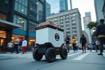 Autonomous Delivery Robot Navigating Urban Crosswalk Among Pedestrians in a Bustling City Scene